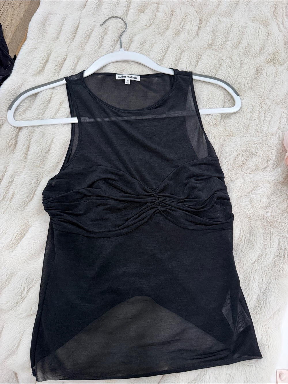 Reformation Black Ruched Mesh Tank